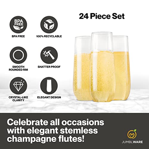 image for JumblWare 24 Stemless Champagne Flutes Heavy-Duty Clear Plastic 9 oz T