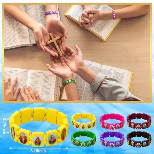Wood Catholic Bracelets for Women Men Elastic Religious Bracelets with Images Christian Saints Rosary Wristbands Jesus and Rosary Decor for Guest Jesus Baptism First Communion Gift2