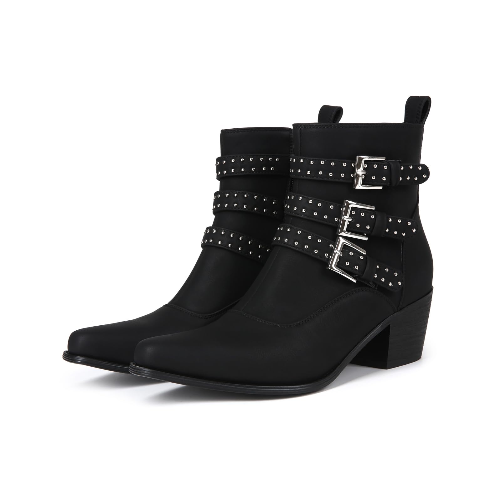 Western Style Womens Ankle Boots With Double Buckle And Studs Mid-Heel Suede Upper Square Toe Fashionable Cowboy Boots