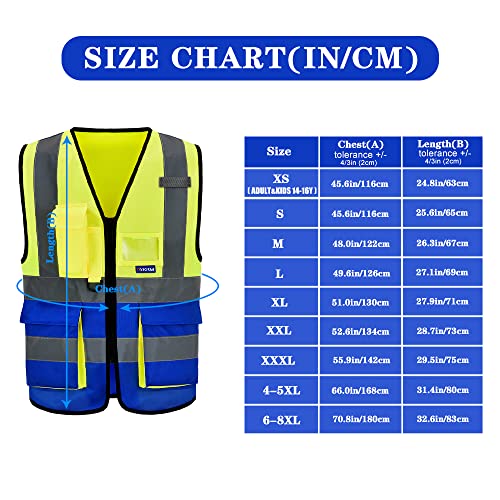 Image of Hi-Vis Reflective Vest, Multi-Color, Front Zipper, Yellow /Blue, S | Yellow /Blue S work vest with 7 pockets, black front zipper and reflective strips for mechanical work and assembly lines.