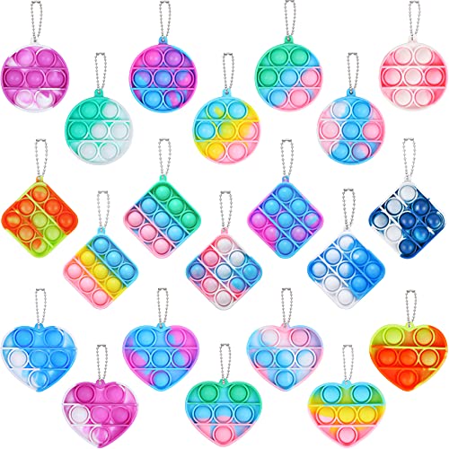 EVERMARKET 21 Pack Mini Pop Bubble Fidget Sensory Toy Keychains, Mini Square Bubble Popper Stress Relief Simple Silicone Squeeze Relax Toy, Round Heart Tie Dye Push Pop Bubbles Fidget Toys Keychains