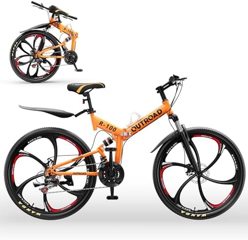 Outroad 26 Inch Folding Mountain Bike, 21 Speed Full Suspension High-Carbon Steel MTB Foldable Bicycle, Dual Disc Brake Non-Slip Folding Bikes for Adults/Men/Women, Orange