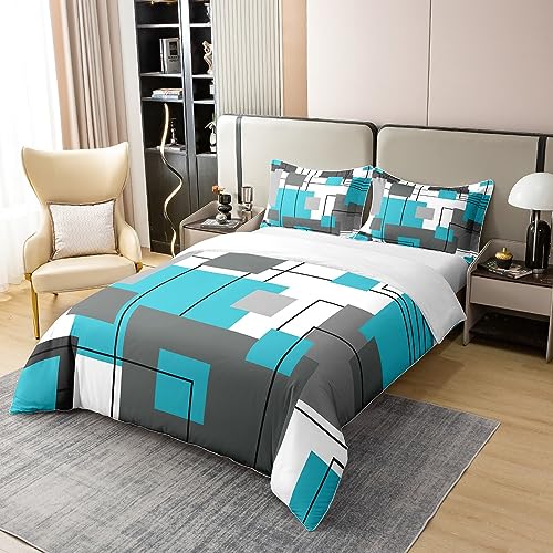 100% Cotton Geometric Square Duvet Cover King Teal Grey Bedding Set Black Gray Turquoise Comforter Cover for Kids Teen Adults Modern Abstract Lines Rustic Farmhouse Bed Set 2 Pillow Cases - Image 2