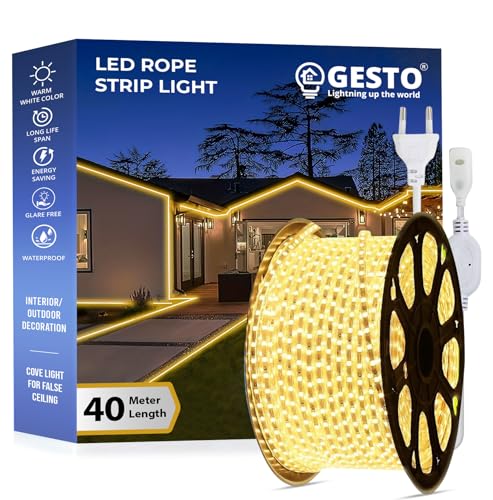 Image of Gesto 40 Meter Rope LED Strip Lights | 120 LED /Mtr Waterproof Outdoor Lights for Balcony, Home Decor, Cove Light for False Ceiling | Flexible, Cuttable Strip Light for Diwali Decoration - Warm White
