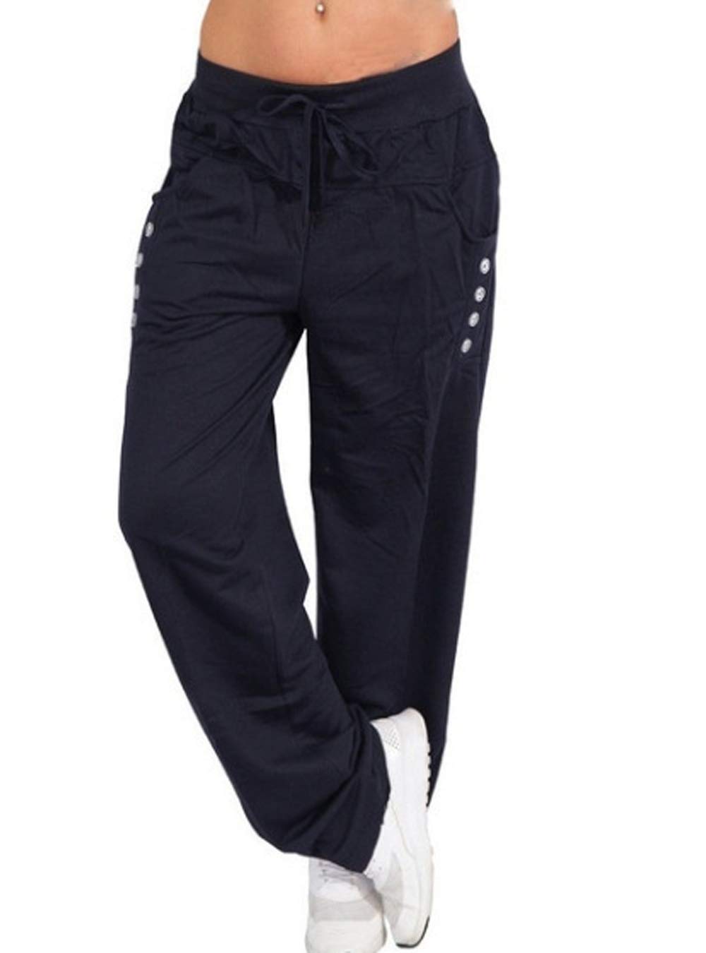 Women Casual Lounge Pants Loose Solid Drawstring Straight Long Trousers Plus Size