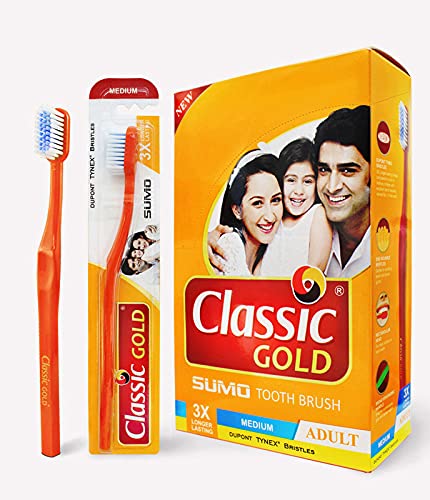 Classic Gold Sumo Medium Toothbrushes Pack Of 12 With Anti Bacterial Crystal Clear Cap