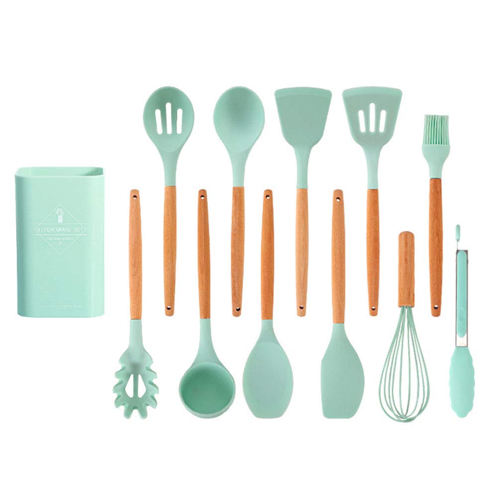 TOP-MAX Küchenutensilien-Set aus Silikon, Kochspatel, Zange, Spatel, Löffel, Pfannenwender, hitzebeständig, 11 Stück, dunkelgrün