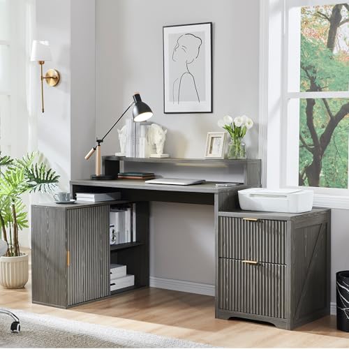 Image of 67 inchModern Desk with Cabinet & 2 Drawers, Fluted Office Desk Built‑in Outlet | L Shaped Desk ,storage cabinet with sliding doors, Wood Home Office Desk, Fluted Computer Writing Desk, Grayish Green