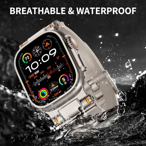 Image of FOAMUNOC Rugged Band Compatible with Apple Watch Ultra 3 /2 /1 Band 49mm /46mm /45mm /44mm /42mm, Metal Connector with Strap for iWatch Ultra Series 11 /10 /9 /8 /7 /6 /SE3 /SE2 /SE /5 /4 /3 /2 /1, Starlight /Titanium