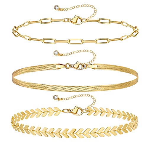 Image of KissYan Gold Layered Ankle Bracelets for Women, Dainty 14k Gold Plated Layering Anklets Set Adjustable Fashion Cuban Link Snake Tennis Chain Ankles Summer Beach Foot Jewelry