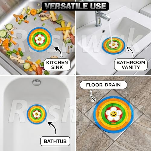 Image of Rushwak 2-in-1 Silicone Drain Cover (Pack of 4) Anti-Clog Bathroom Drain Cover with Lid for Drainage Stopper & Filter Reusable Debris & Hair Catcher Drainage Cover Insect /Odor-Blocking Sink Strainer