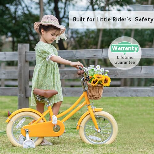 Image of Glerc Little Molly 12-20 Inch Kids Retro Cruiser Bike for 2-13 Year Old with Wicker Basket & Training Wheels /Kickstand, Multiple Colors
