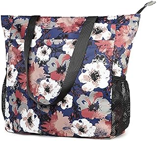 Floral Beach Tote Water-resistant Beach Bag Large Shoulder Bag for Yoga Travel with Multi Pockets (Blue Elephant)