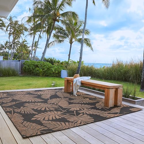 Gertmenian Indoor/Outdoor Kona Coast by Reyn Spooner Rug - 9x13 Extra Large, Stain & UV Resistant, Ideal for Deck, Patio, Poolside Rooms - Palmtree Leaf, Black Brown, 46686