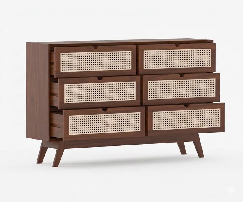 Image of Space Galaxy Sheesham Wood Chest of Drawer with Cane Rattan Fronts | 6 Drawer Storage Cabinet & Wooden Dresser | Mid Century Modern Furniture Organizer for Bedroom, Living Room & Home | Natural Finish