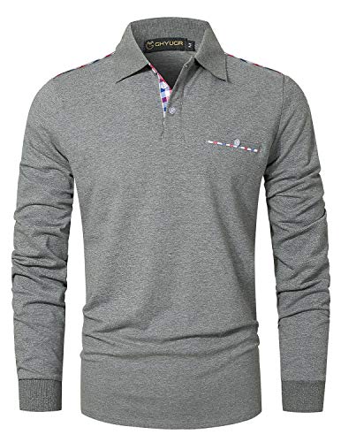GHYUGR Polos Hombre Manga Larga Camiseta Bolsillo a Cuadros Clásico Slim fit Deporte Golf Tennis Oficina T-Shirt,Gris Oscuro,L