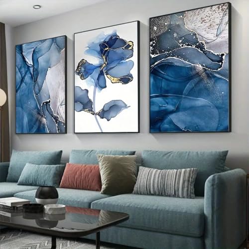 Toiles salon fleurs marbre bleu triptyque mural nordique