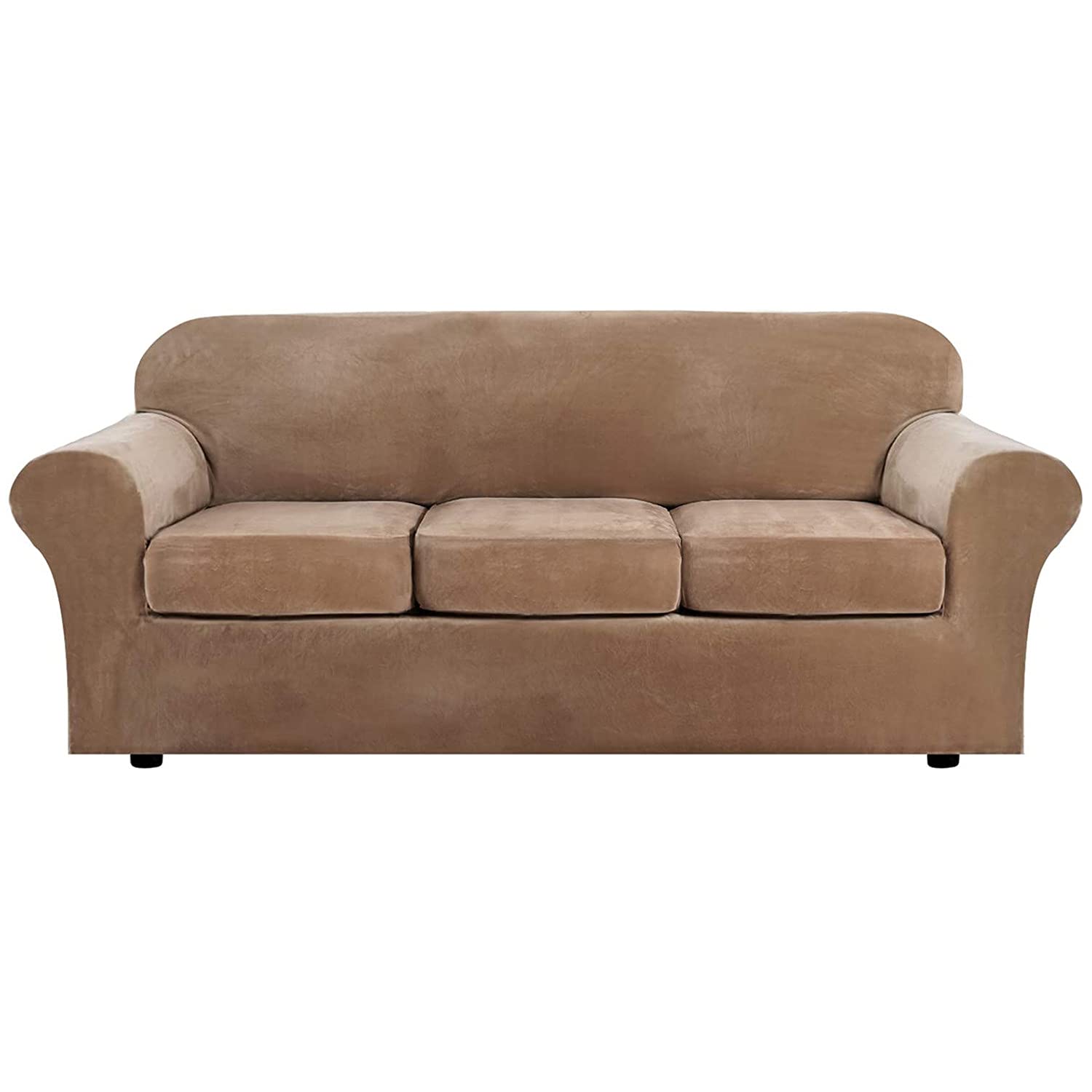 Sofa Cover Stretch Sofa Slipcover for 3 Seater with 3 Cushion Covers Separate Velvet Couch Cover 4 Piece Luxurious (Camel)
