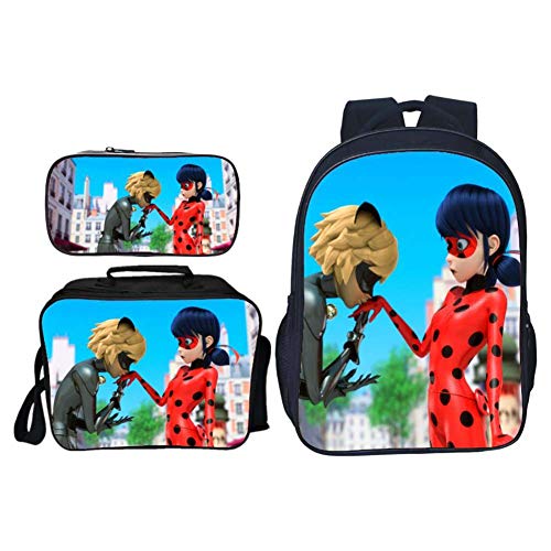 GNZY Moda Mochilas Escolares Miraculous Ladybug con Bolsa de Almuerzo Bolso