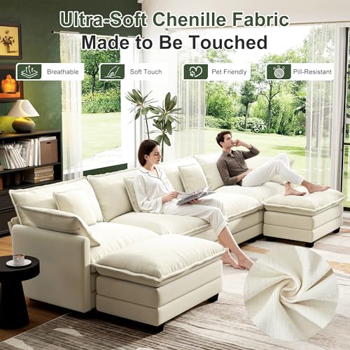 Image of 146 inch Cloud Couch Sectional Modular Sofa, Deep Seat Couches with Ottoman and Removable Washable Pillows for Living Room, Bedroom, Apartment, Beige