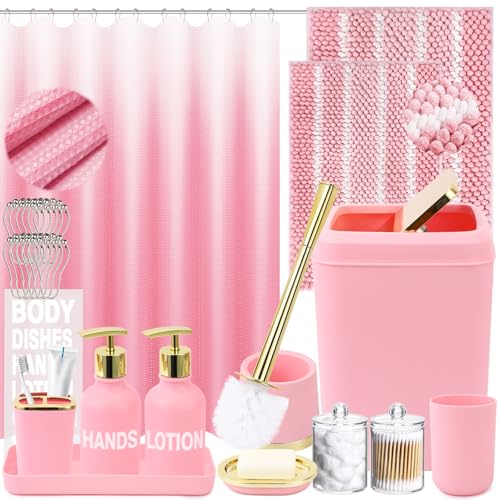 XLHOMO 25PCS Pink Bathroom Accessories Sets Complete, with Shower Curtain, Rugs, Trash Can and Toilet Brush, Toothbrush Holder and Cup, Soap Dispenser, Soap Dish, Qtip Holder, Bathroom Decor Sets