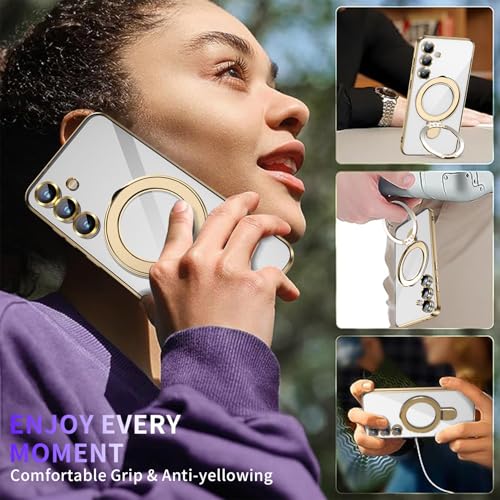 Image of Magnetic Stand & Full Camera Lens Protector Case for Samsung Galaxy S25 Plus [Compatible with MagSafe][Military Drop Protective]Not Yellowing Clear Slim Soft S25 Plus Phone Case for Women Men,Gold