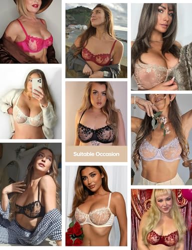Image of Wingslove Women's Sexy Lace Bra Demi Sheer Mesh Balconette See Through Bralette Unlined Underwire Embroidered