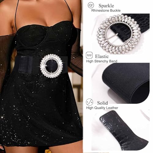 Rhinestone Waist Belt Wide Elastic Dress Belts Crystal Stretchy Belts Sparkle Cinch Waistband for Women3