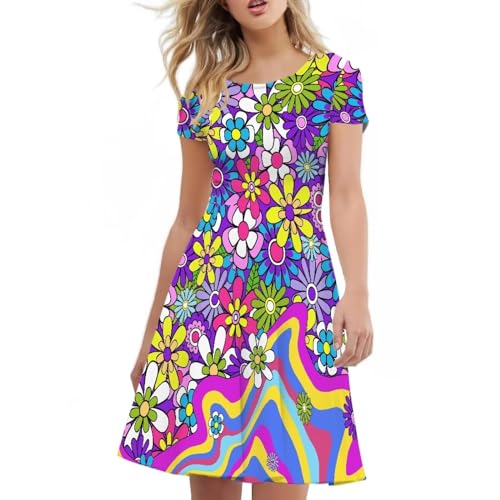 Image of POLERO Sunflower Dress for Women Floral Summer Dresses Short Sleeve Casual Sundresses Midi Dresses