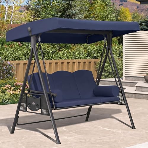 Image of PURPLE LEAF Outdoor Patio Porch Swing with Stand, 3-seat Swing Chair with Adjustable Tilt Canopy All-Weather Steel Frame for Backyard Front Porch Lawn, Cushions and Pillow Included, Navy Blue