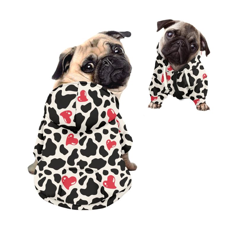 Kuiaobaty Cute Cow Spots Dog Hoodies Zipper Cloth Outfits for Small Dogs Cats, Paint Pink Hearts Dog Sweatshirt Cute Animal Cow Print Puppy Jumper
