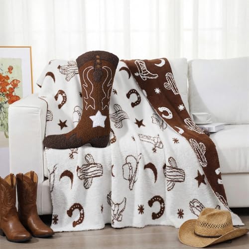 Western Cowboy Throw Blankets Pillow Set Include Brown Horse Shoes Cactus Beach Blanket 50 x 60 Inch and Cowboy Boot Plush Throw Pillows Cushion for Couch Sofa Bed Decoration - Image 3