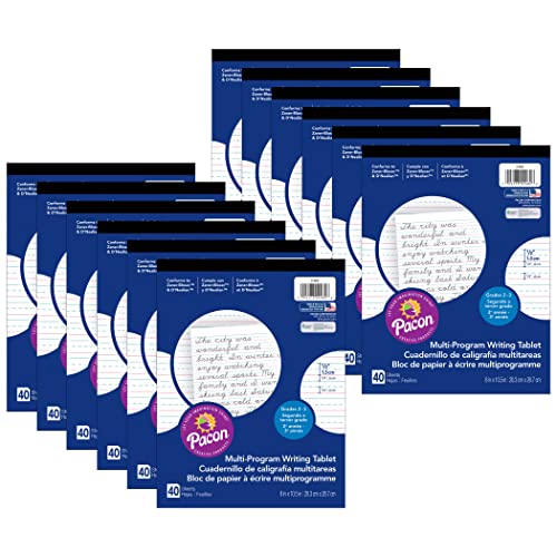 Pacon Multi-Program Handwriting Tablet, D'Nealian/Zaner-Bloser, 1/2" x 1/4" x 1/4" Ruled Short, 8" x 10-1/2", 40 Sheets, Pack of 12 -  PAC2482-12