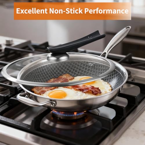 Image of DELARLO 12-Inch Tri-Ply Stainless Steel Nonstick Wok with Lid, Induction | Tri-ply wok heats evenly, works with induction, and is dishwasher and oven safe up to 650F for versatile cooking.