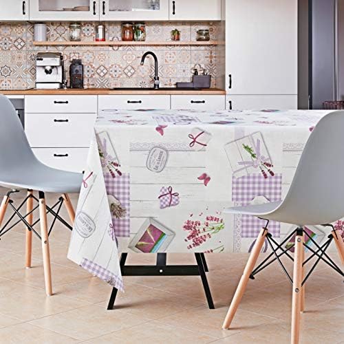 KP HOME Provance Style Grey PVC Table Cloth Wipe Clean Tablecloth - Rectangle 200 x 140 cm - Reusable Plastic Table Cloth Wipeable Vinyl Grey With Purple Violet Lavender Pattern Oilcloth Tablecloth