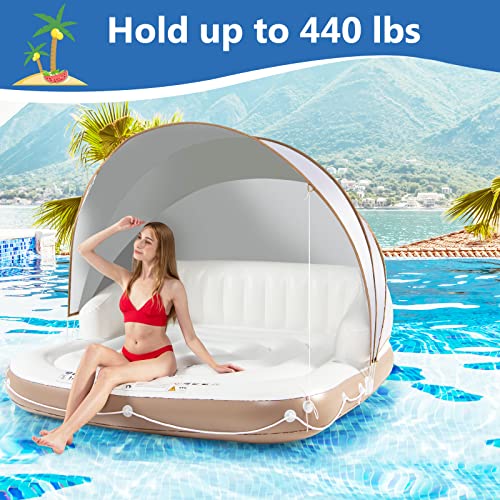 Image of Tangkula Inflatable Pool Float, Giant Pool Lounger Floats 2 Adult Size with UPF50+ Retractable Sunshade, Ergonomic Backrest & Armrest, 2 Cup Holders, Heavy Duty Adult Sunbathing Pool Lounge Raft