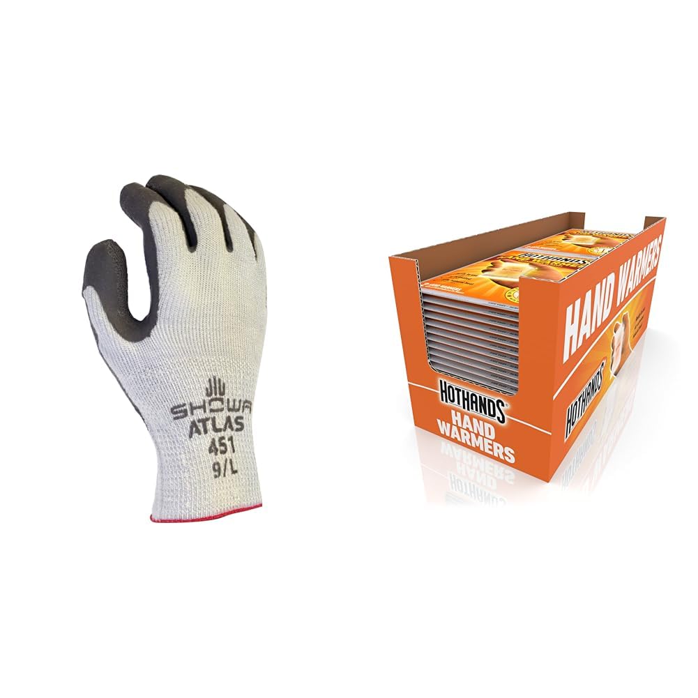 SHOWA Atlas 451M-08 Palm Coating Natural Rubber Glove, 10-Gauge Insulated Seamless Knitted Liner & HotHands Hand Warmers - Long Lasting Natural Odorless Air Activated Warmers