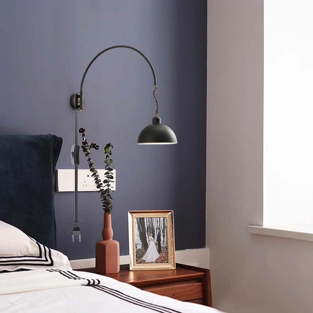 Vintage Wandleuchten Innen mit Steckdosen und Kabel Wandlampe Schwenkarm Schwarz Retro Industrial Wand Leselampen mit Schalter Wandbeleuchtung Verstellbare Langearm Wandspot Gelenkarm,B