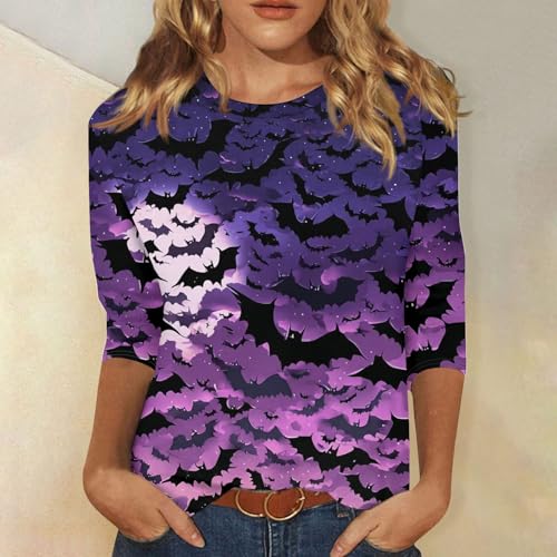 SERYU Halloween Shirt for Women Crewneck 3/4 Length Sleeve Tops Pumpkin Ghost Skull Graphic Party Loose Casual Blouses2