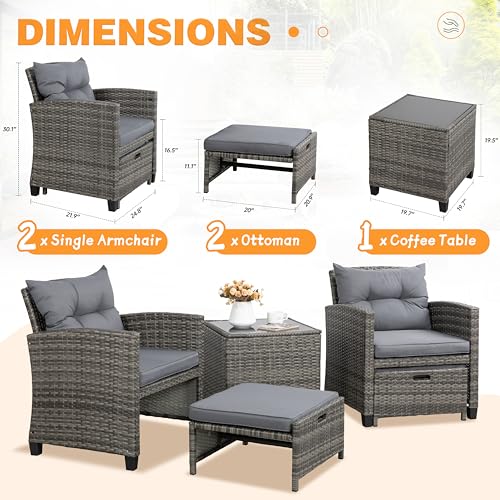 Shintenchi 5 Pieces Patio Furniture Set, Outdoor Wicker Patio Conversation Set with Ottoman, All Weather Rattan Outside Chairs with Coffee Table & Cushion for Porch, Garden, Backyard, Gray - Image 3