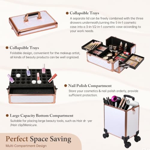 Image of 5 in 1 Rolling Makeup Train Case Professional Cosmetic Trolley Large Storage Organizer on Wheels for Hairstylist Artist Nail Beauty Salon Barber White - Gold Frame