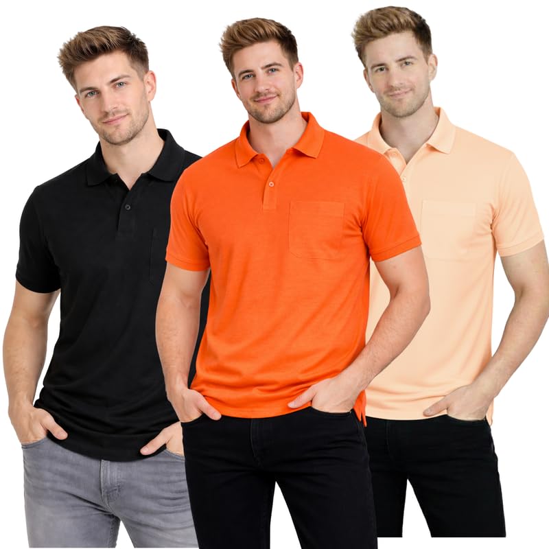Image of SMAN Polo Neck T-Shirt Pack of 3 for Men & Boys | Half Sleeve Collar Tee with Pocket | Premium Spun Matty Fabric | Casual & Office Wear | Sizes M to 2XL | FX PO3 MCR ORN PCH