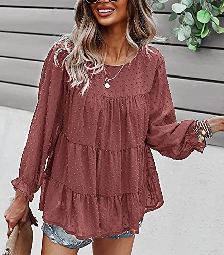 Prettygarden Women's Summer Loose Chiffon Blouse Mesh Long Sleeve Casual Round Neck Peplum Tops (Pink,Large) #TOP4