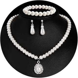 CSIYANJRY99 Juego de collar y aretes de perlas de imitación para mujer, collar de perlas de imitación con cuentas de imitación, pulsera y aretes para mujer