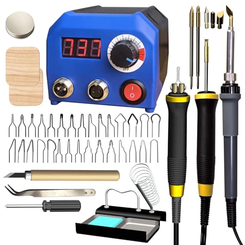 FIRElood LH55-2-3 Wood Burner kit Wood Burning Tool Pen 25~750â„ƒ, Wood Burning kit with Digital Thermometer Temperature Adjustable Temperature, 3 pyrographic Wood Burning pens, 37 Wood Burning Pen Tips