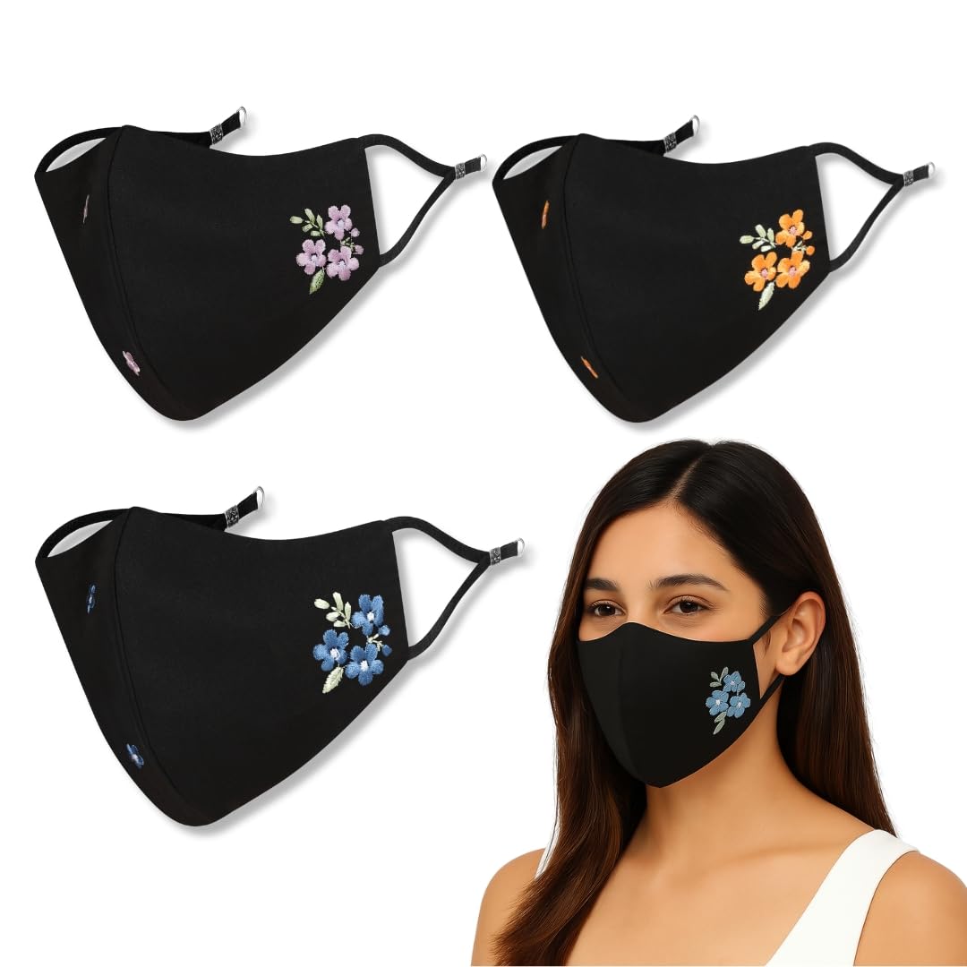 By Q-One Floral 4 Layer, Reusable, with Ear Adjusters, Anti-Bacterial (BFE>99%) Embroidered Cotton Cloth Face Mask Combo for Women, Girls (,Black,Pack of 3)