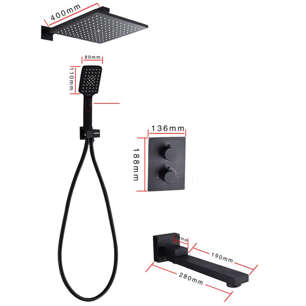 Rubinetto termostatico in ottone, set doccia nero, 8-12 pollici, set rubinetto deviatore per doccia a pioggia per bagno con doccetta portatile in plastica, 12 pollici