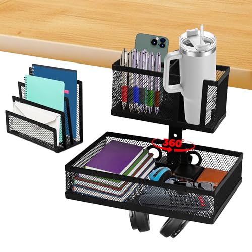 6-in-1 Under Desk Drawer Organizer with Clip On Cup Holder, Easy to Install Standing Desk Drawer Attachment, Space-Saving Clamp Organizer for Home & Office