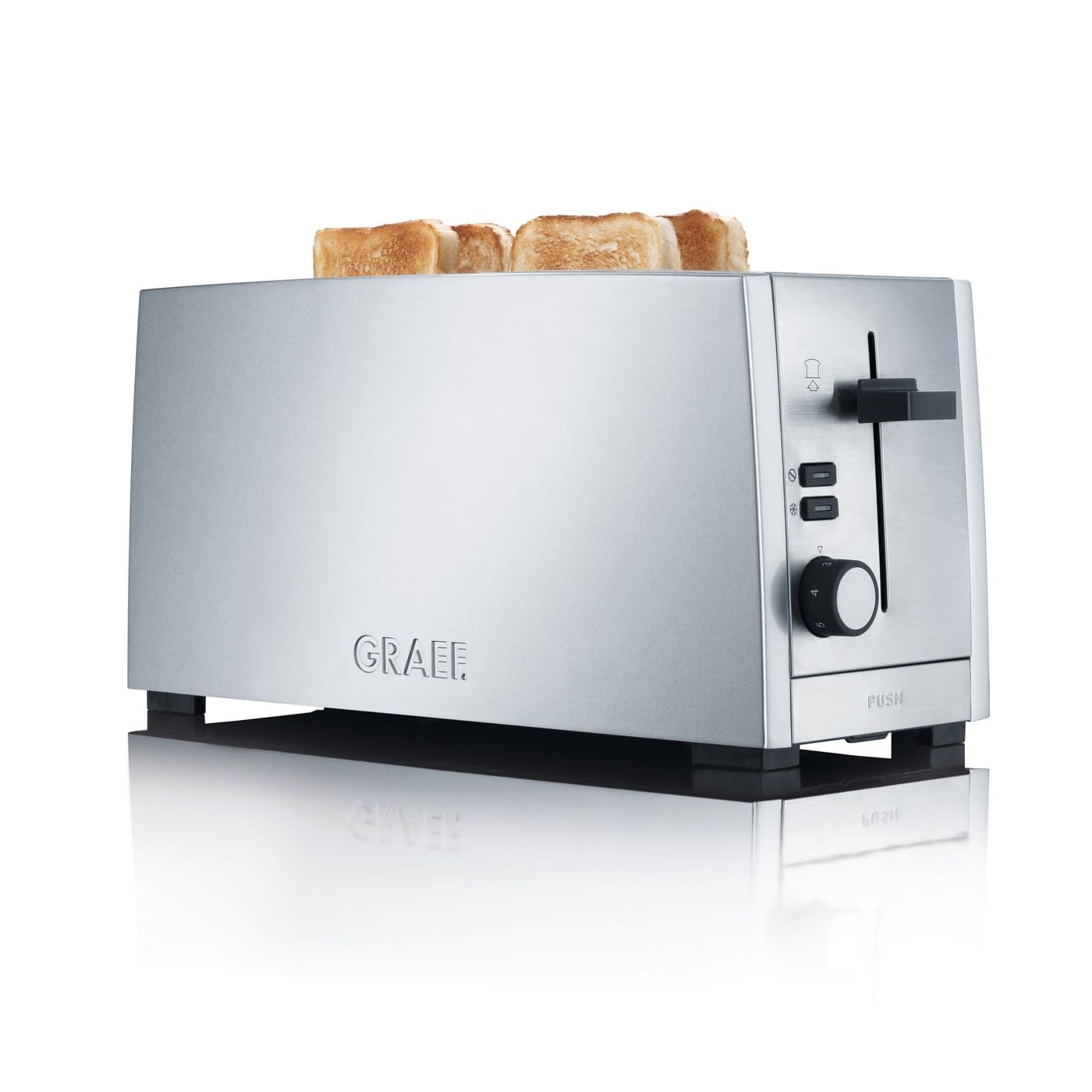 Graef 4 Slice Stainless Steel Toaster, Cool to Touch Heat Insulated Housing, Warming Rack, Bun Attachment, Cable Rewind, Extra Lift for Toast Removal, Defrost & Stop Button
