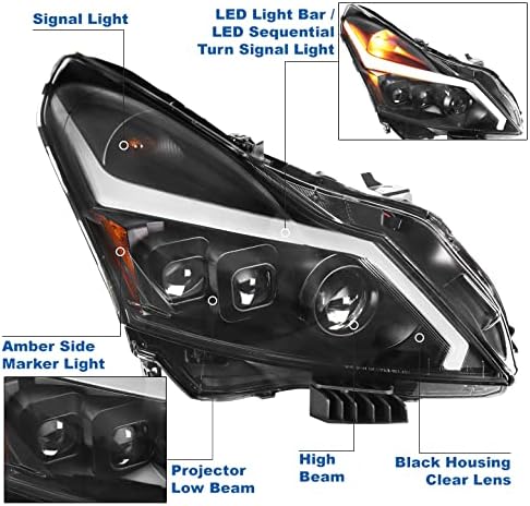 LED Tube Sequential Signal Projector Headlights Black Compatible with 2010-2013 G37 / 2011-2012 G25 Sedan